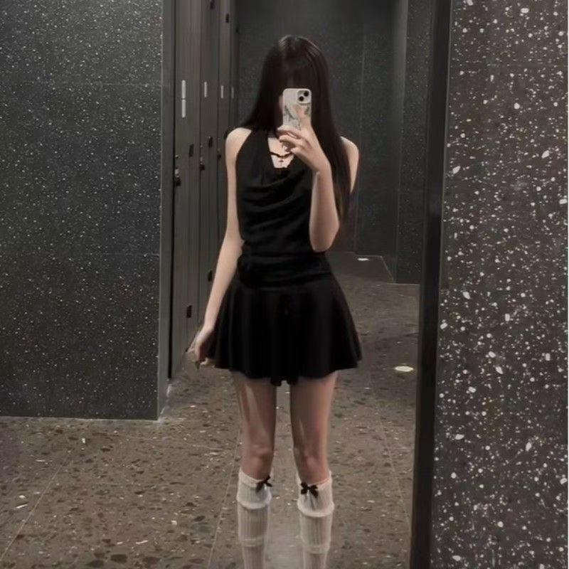 Sweet Spice Girl Fake Two-piece Lace Dress Women's Summer Black Pure Desire Temperament Slim Neck A-word Short Skirt