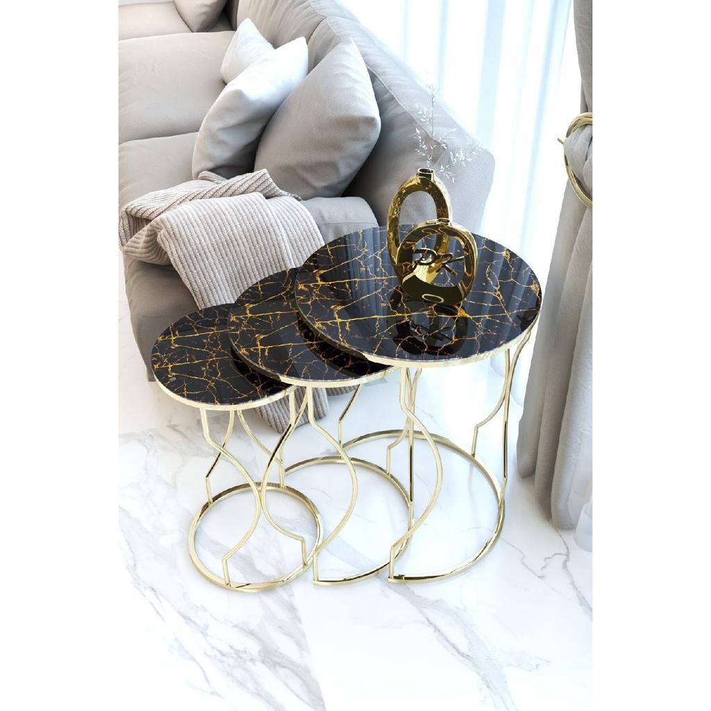 Rya 3-seat Nesting Coffee Table Gold Color Metal Leg, Marble Patterned Shatterproof Glass