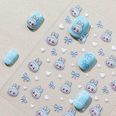 Sky Blue Nail Stickers: 6D Labubu Jelly Bow & White Heart Design