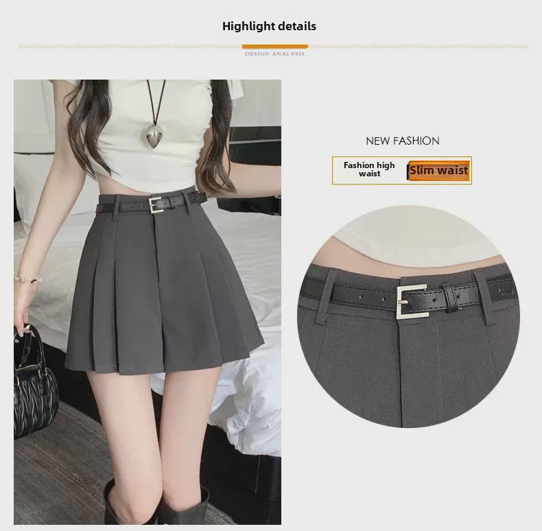 2024 Women's Summer High-Waisted Gray A-Line Skort: Slim, Loose, Pleated Shorts Skirt, Wide-Leg Design