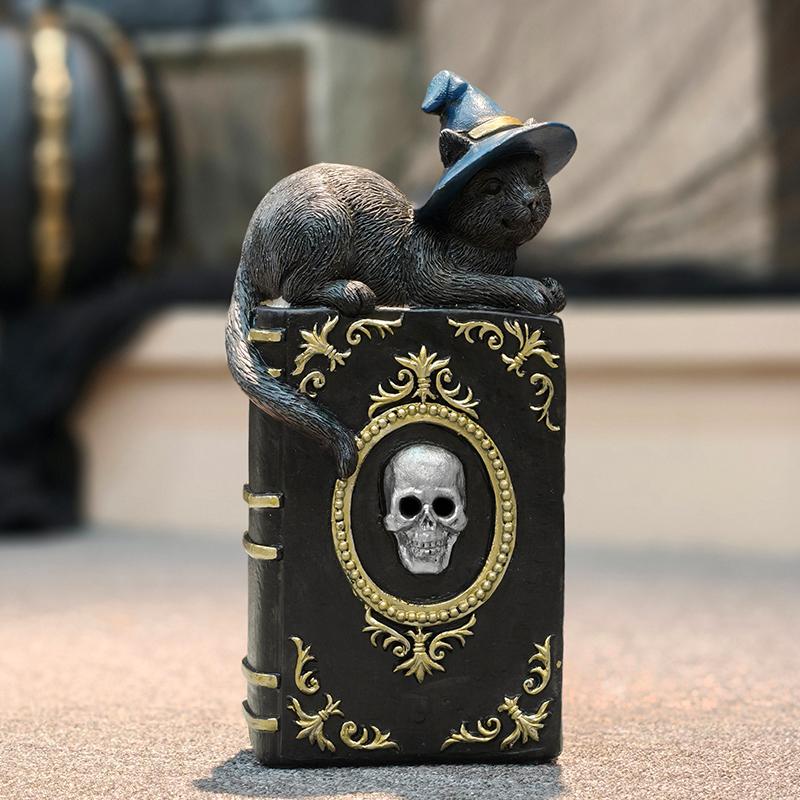 Halloween Ghost Hand Magic Book/Cat-on-Book Figurine Sculpture for Home Decor, Bedroom, Living Room, Entryway, and Holiday Decor