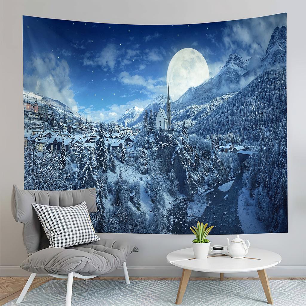 Nature Mountain Forest Tapestry Winter Snowy Tree Landscape Tapestry Wall Hanging Decor Tapestries Bedroom Home Living Room Dorm