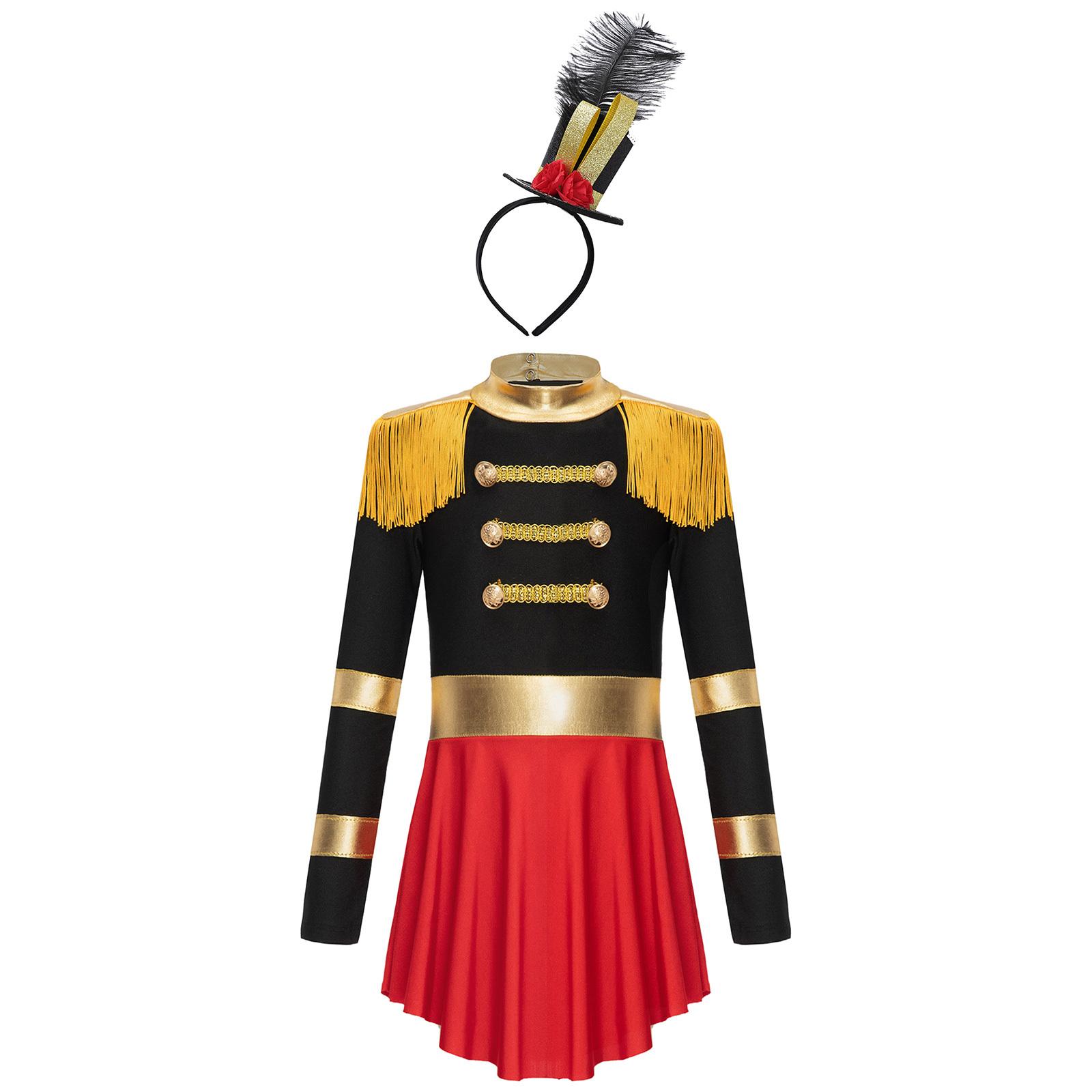 

Girls Circus Ringmaster Costume Set Long Sleeve Jumpsuit Cutout Back Fringe Epaulet Details Performance Bodysuit Headband 5-6 Years чорний