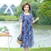 Women Summer Casual Dress Ladies Middle-aged Print Short Sleeve Pleated Dresses Female Vintage Mesh Yarn Floral Dress Vestidos