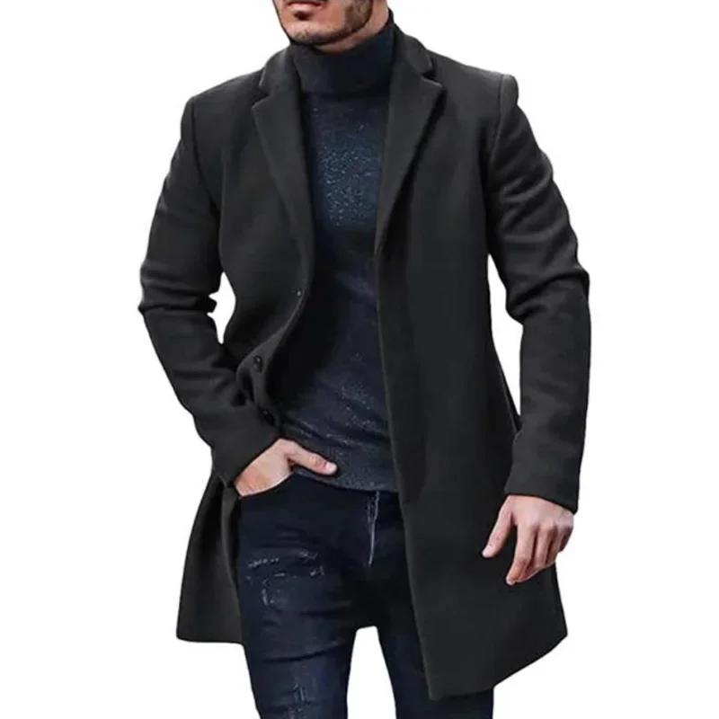 Autunno Inverno Uomo Cappotto di Lana Risvolto Manica Lunga Giacca Monopetto Media Lunghezza Business Trench Capispalla Tinta Unita Capispalla Antipolvere