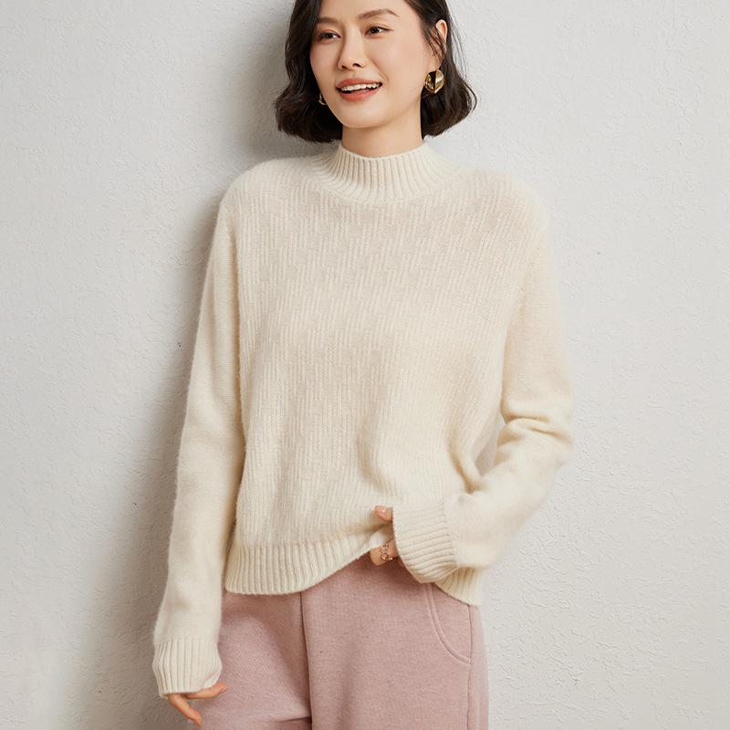 Women's Wool Blend Floral Knit Pullover Sweater - Half High Neck, Loose Fit for Autumn and Winter.