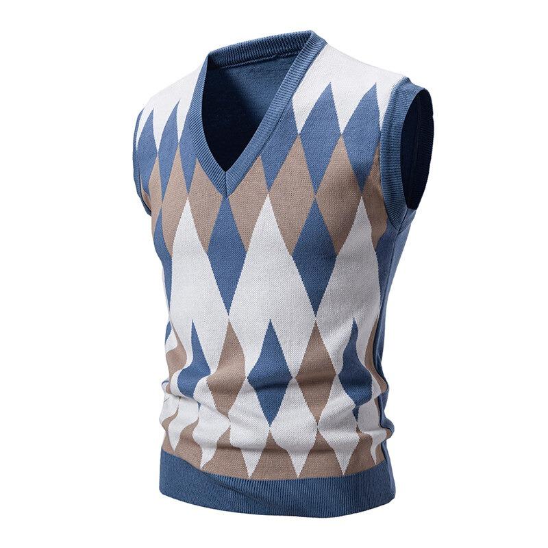Pánská argyle pletená vesta s výstřihem do V, bez rukávů, ležérní, slim fit pulovr, pletený svetr, lehké vesty