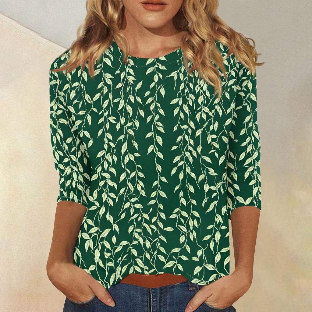 Women Casual Floral Print 3/4 Sleeve Round Neck Blouse Lightweight Soft Fabric Loose Fit Top for Everyday Wear