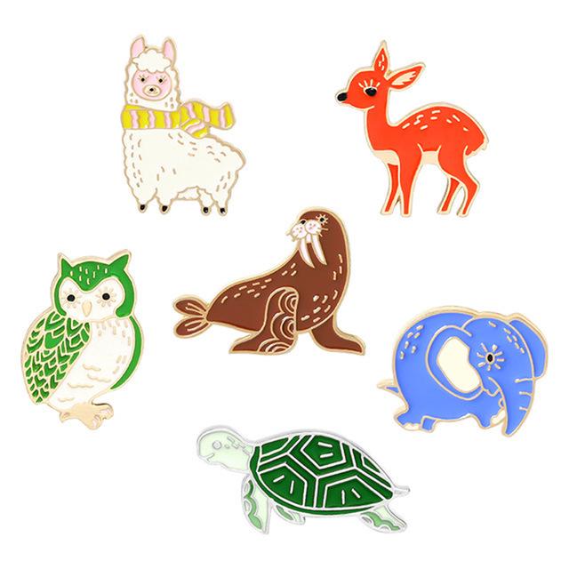 Cute Animal Gathering Brooch: Sika Deer, Owl, Elephant, Seal, Alpaca, Sea Turtle