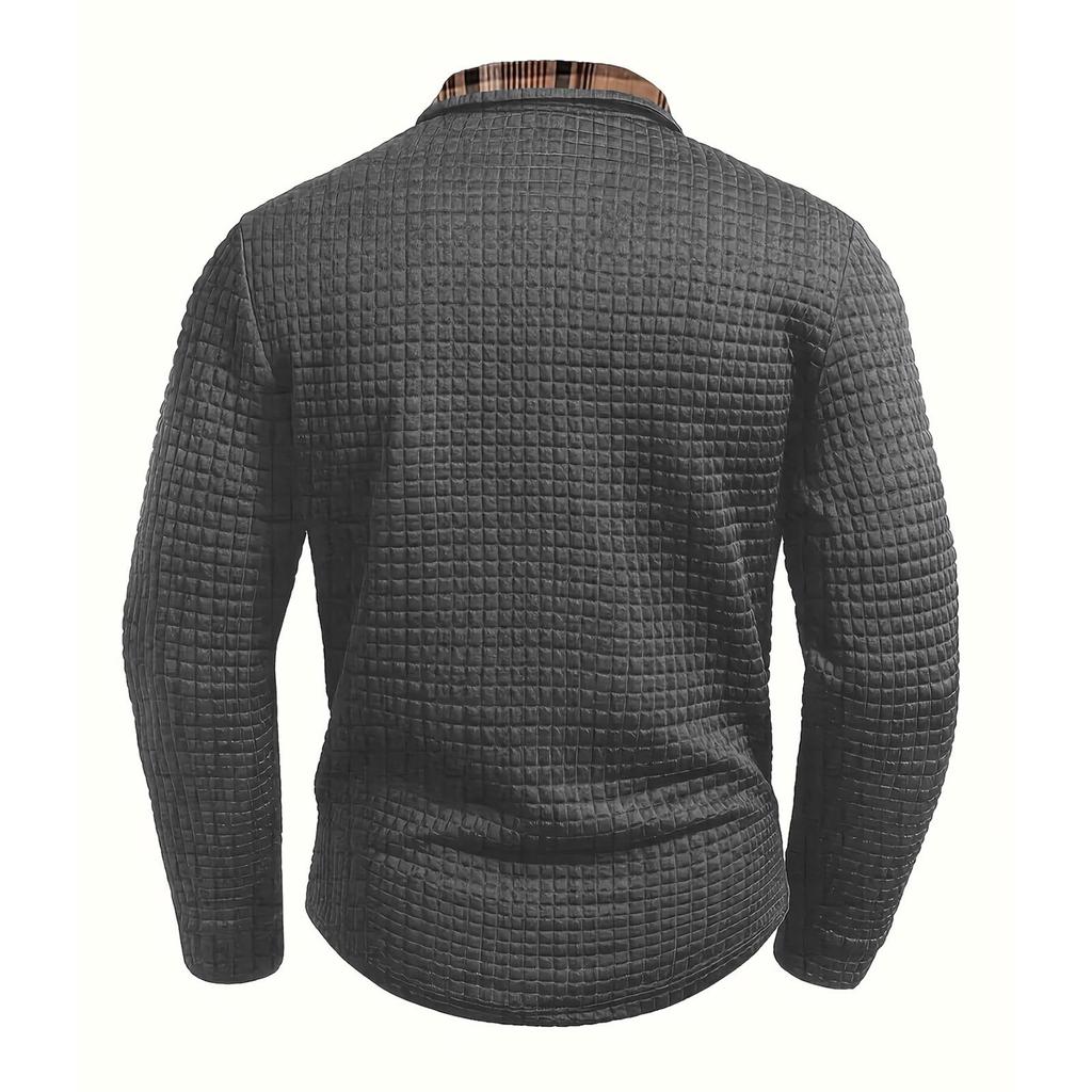 Men's Casual Color Checkered Patchwork Pocket, Lapel, Long Sleeved Sport