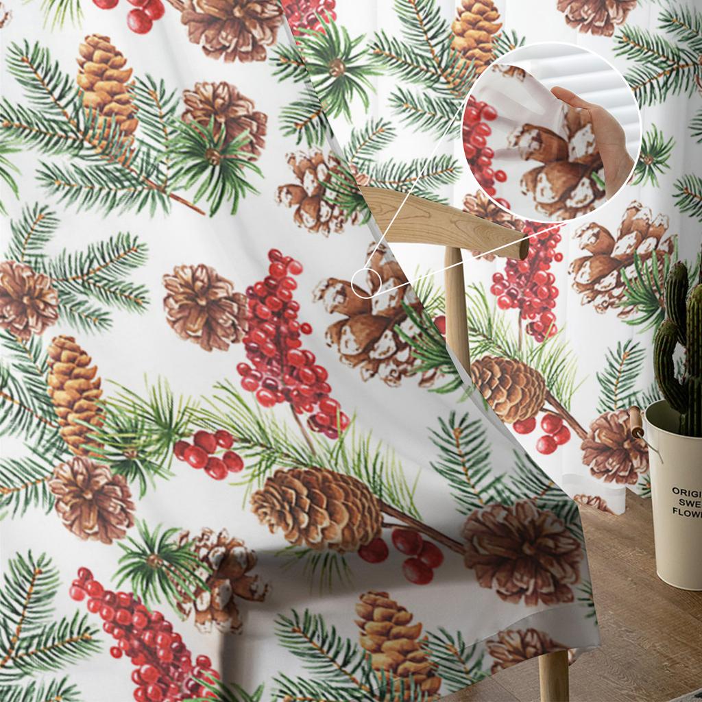 Weihnachts-Kiefernzapfen Kiefernnadeln Frucht Transparente Vorhänge für Kinderzimmer Wohnzimmer Voile-Vorhänge Weihnachten Küche Tüllvorhang