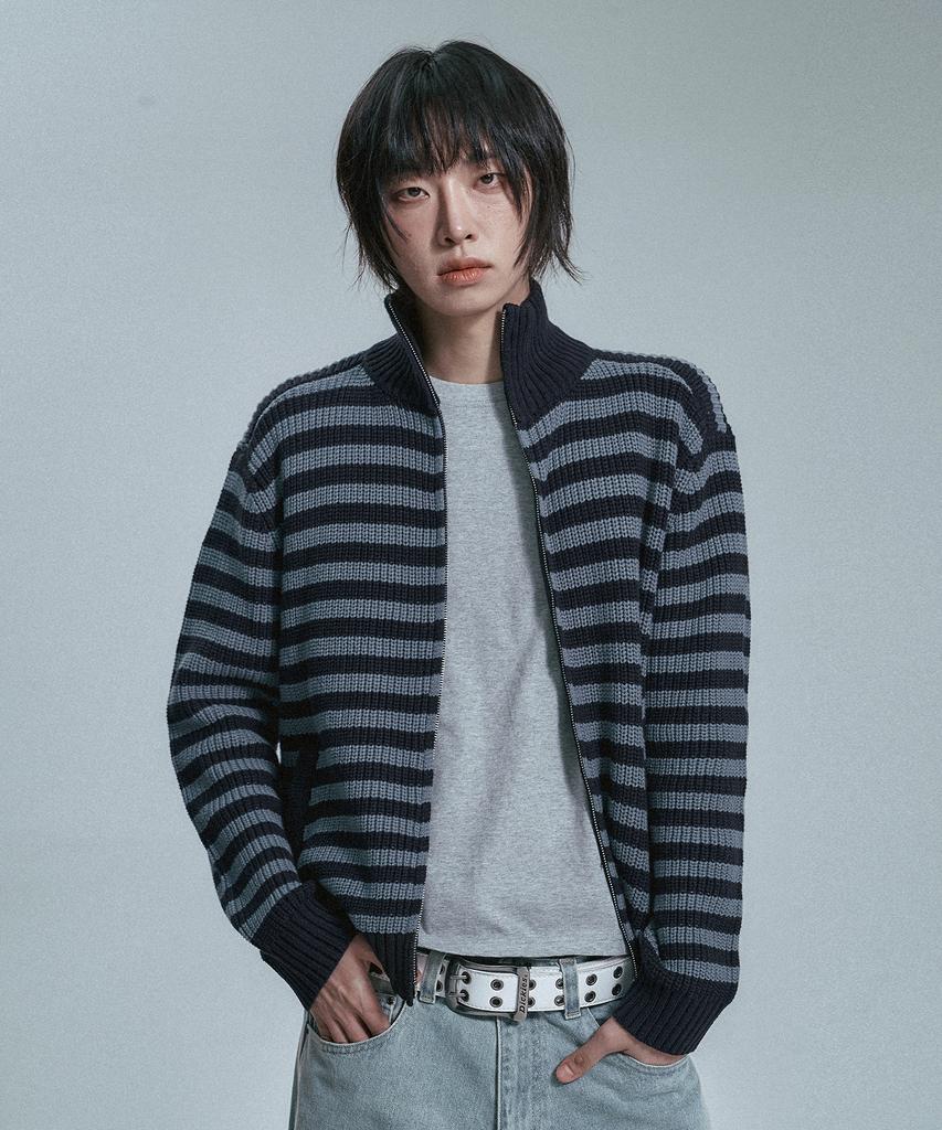MOO Striped High-Neck Knit Zip-Up - Navy