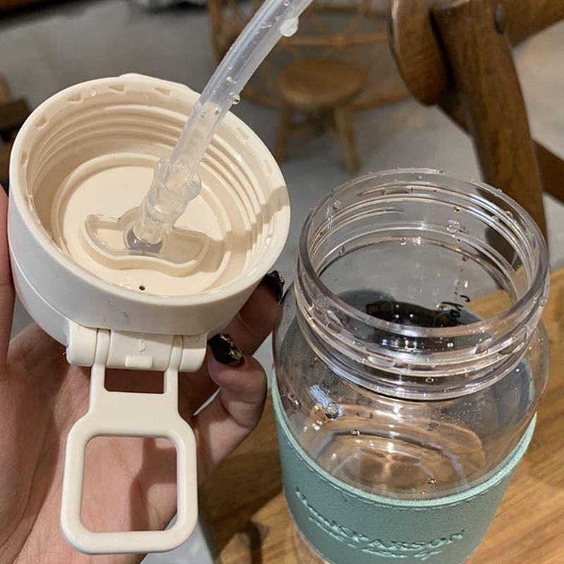 Botella de Agua Portátil de 500 ml con Pajita Creativa Linda a Prueba de Fugas Botella de Plástico para Beber Taza para Leche Café Té Zumo Drinkware