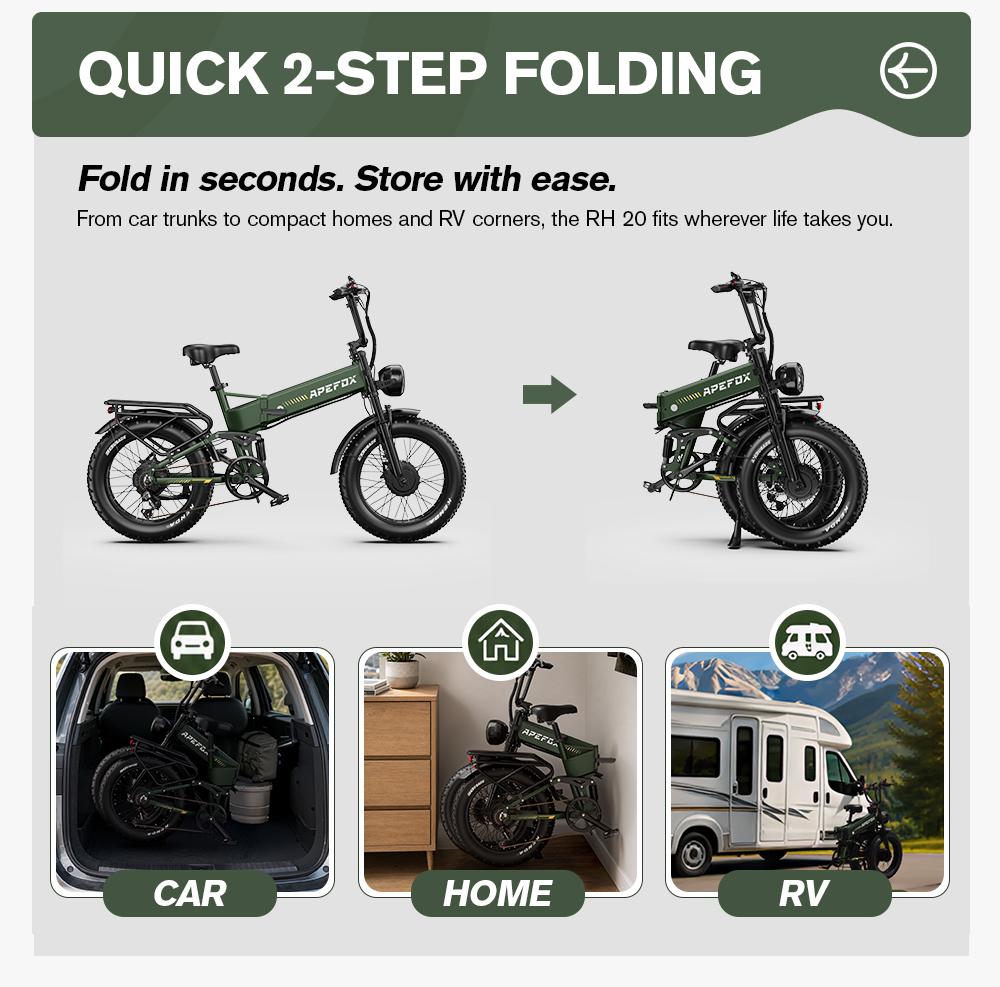 APEFOX RH20 Składany Elektryczny Rower Fat Bike Podwójne Silniki 750W Opony 20" Zielony