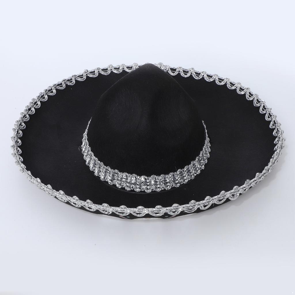 Corned Mexican Hat with Skull Design & Metallic Braid, Wide Brim Festival Accessory for Halloween Carnival Themed Parties