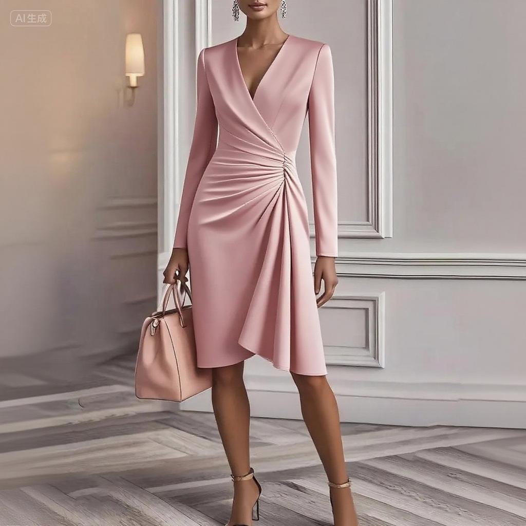 Women's Sexy Long Sleeve V-Neck Pleated Bodycon Dress Slim Fit Color