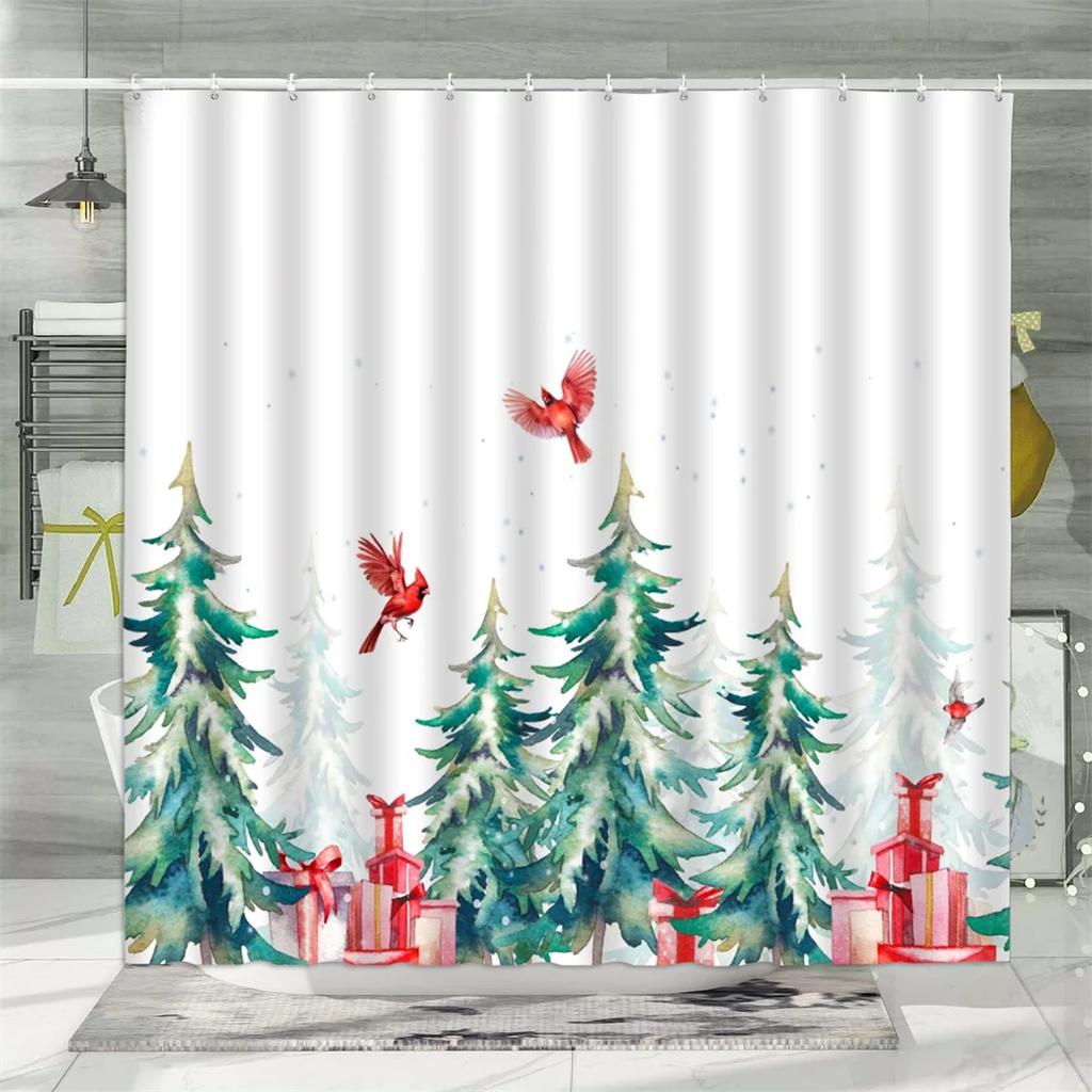 Christmas Shower Curtain, Winter Snowman Santa Claus Gnome Farm Farmhouse Cartoon Truck Christmas Tree Snowflake Bathroom Decor