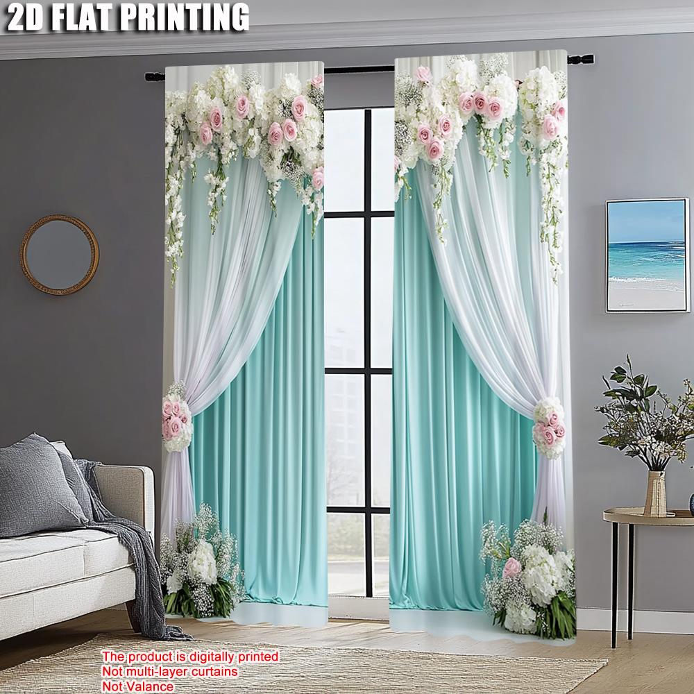 2pcs   Light Filtering Curtains 2D Print Elegant Green and White Curtain Fabric (without Rod) Thermal Insulation   and Room