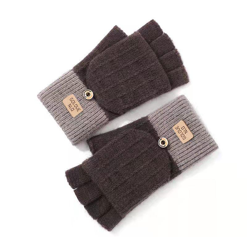 Half finger flip gloves winter ladies cute fleece cold-proof warm wool knitted autumn and winter dew fingers