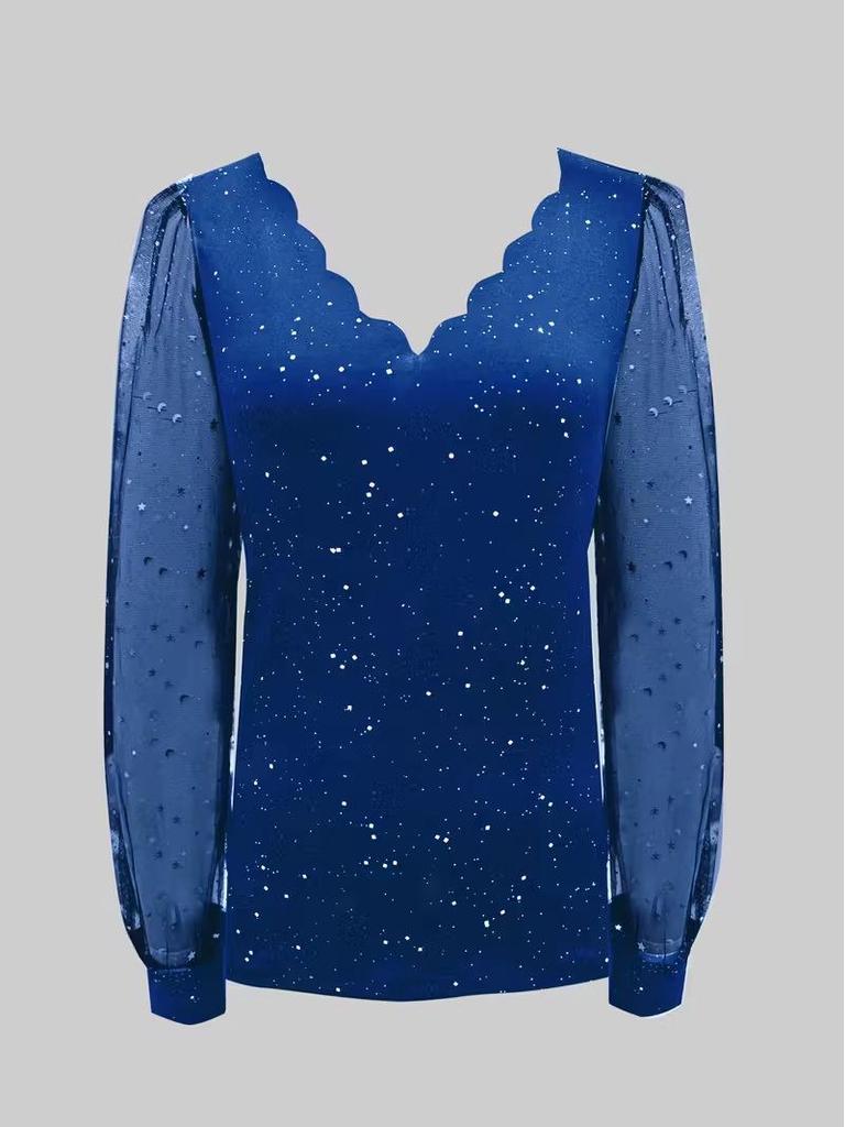European Style V-Neck Long Sleeve Mesh T-Shirt
