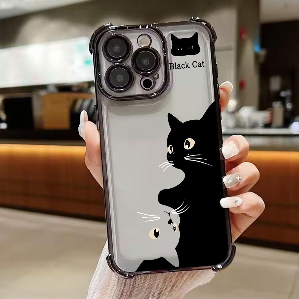 Black Cat Cartoon Art Phone Case for iPhone 11 13 15 16 17 Pro Max 14 Plus 17Air 16E 13 Pro 12 Mini 17Pro Shockproof Clear Cover