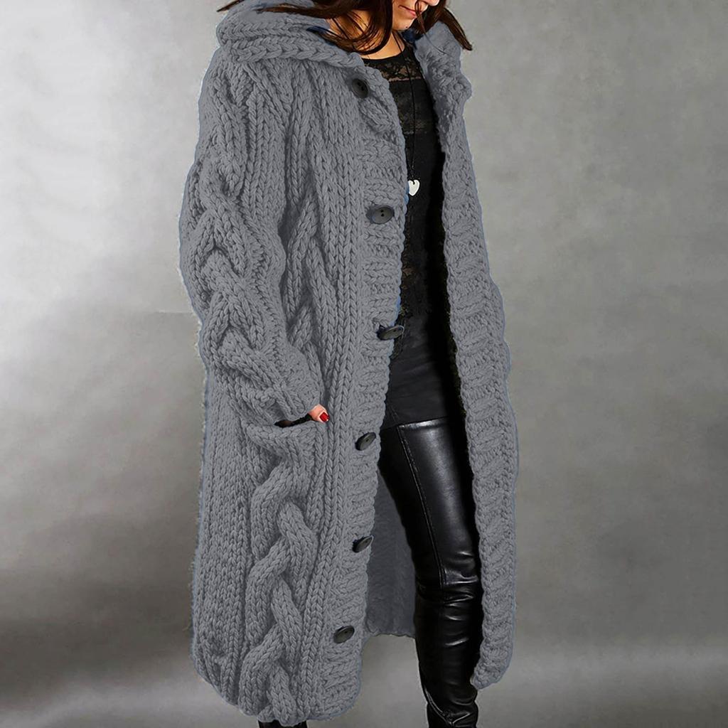 Women Hood Cardigan Large Size Sweater Pocket Single Breasted Long Sleeves Coat