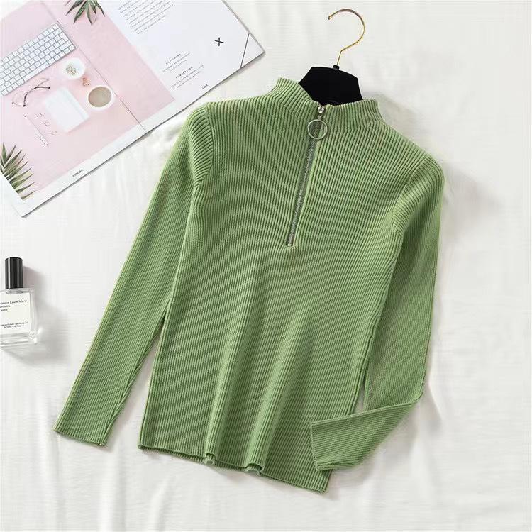 Knitted Women Zipper Half High Neck Ring Zipper Slim Top Sweater Pullovers Autumn Winter Basic Women Sweaters Slim Solid Knitwear Pull Femme Tops