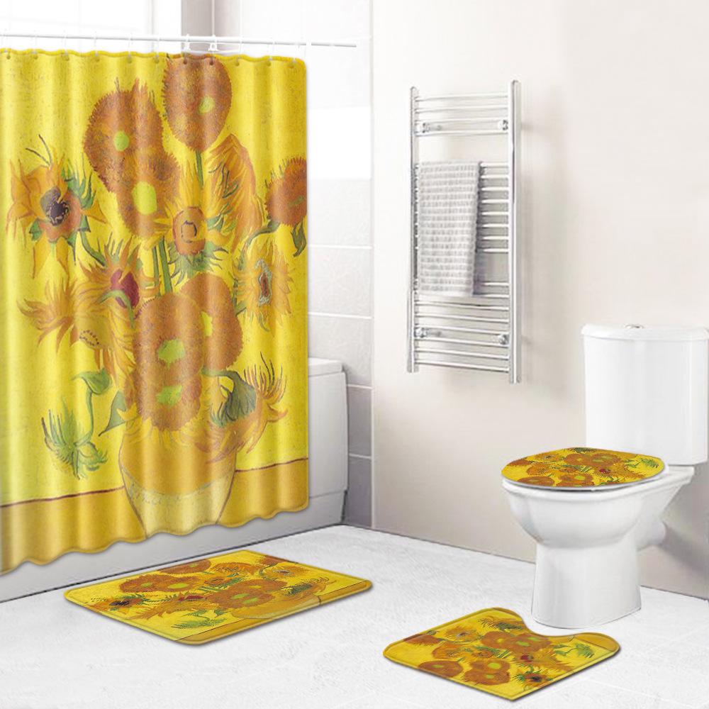 Dream Flower Bathroom Shower Curtain Floor Mat Toilet Cover Foot Mat Four-Piece Set
