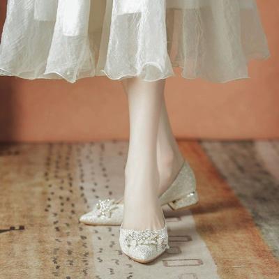 Pointed Thick Heel Single Shoes Fairy with Skirt 2025 Niche Chinese Style Wedding Dress Xiuhe Two Wear Bridesmaid Shoes Not Tired