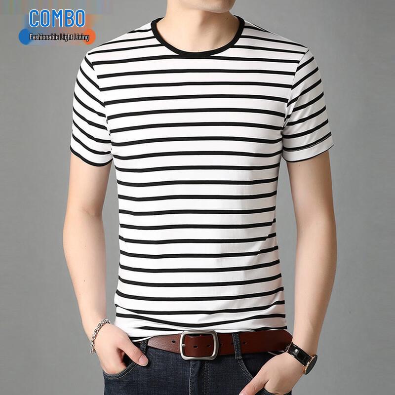 Men s Mercerized Cotton Blend Striped Round Neck T-Shirt 42