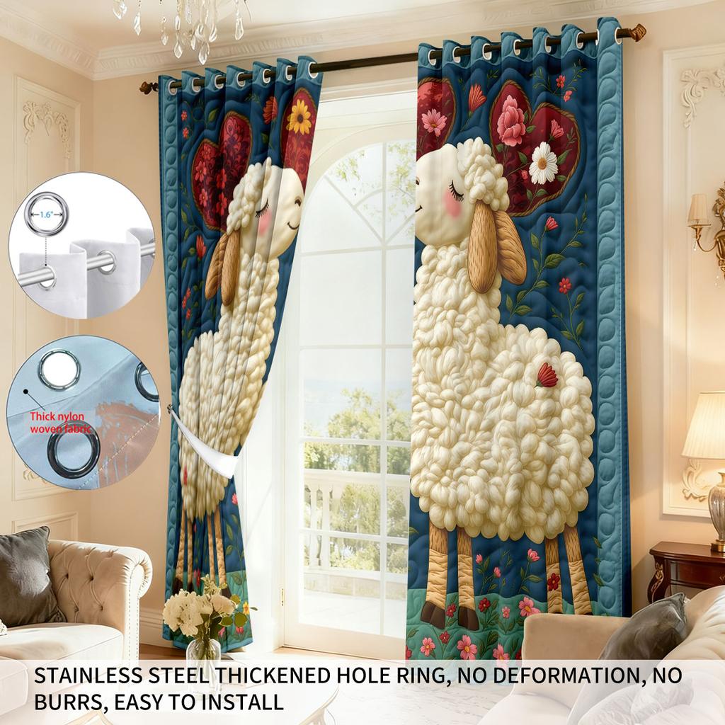 2pcs Cute Cartoon Sheep Print Perforated Blackout Curtains In Multiple Sizes For Living Room And Bedroom Insulation Decoration
