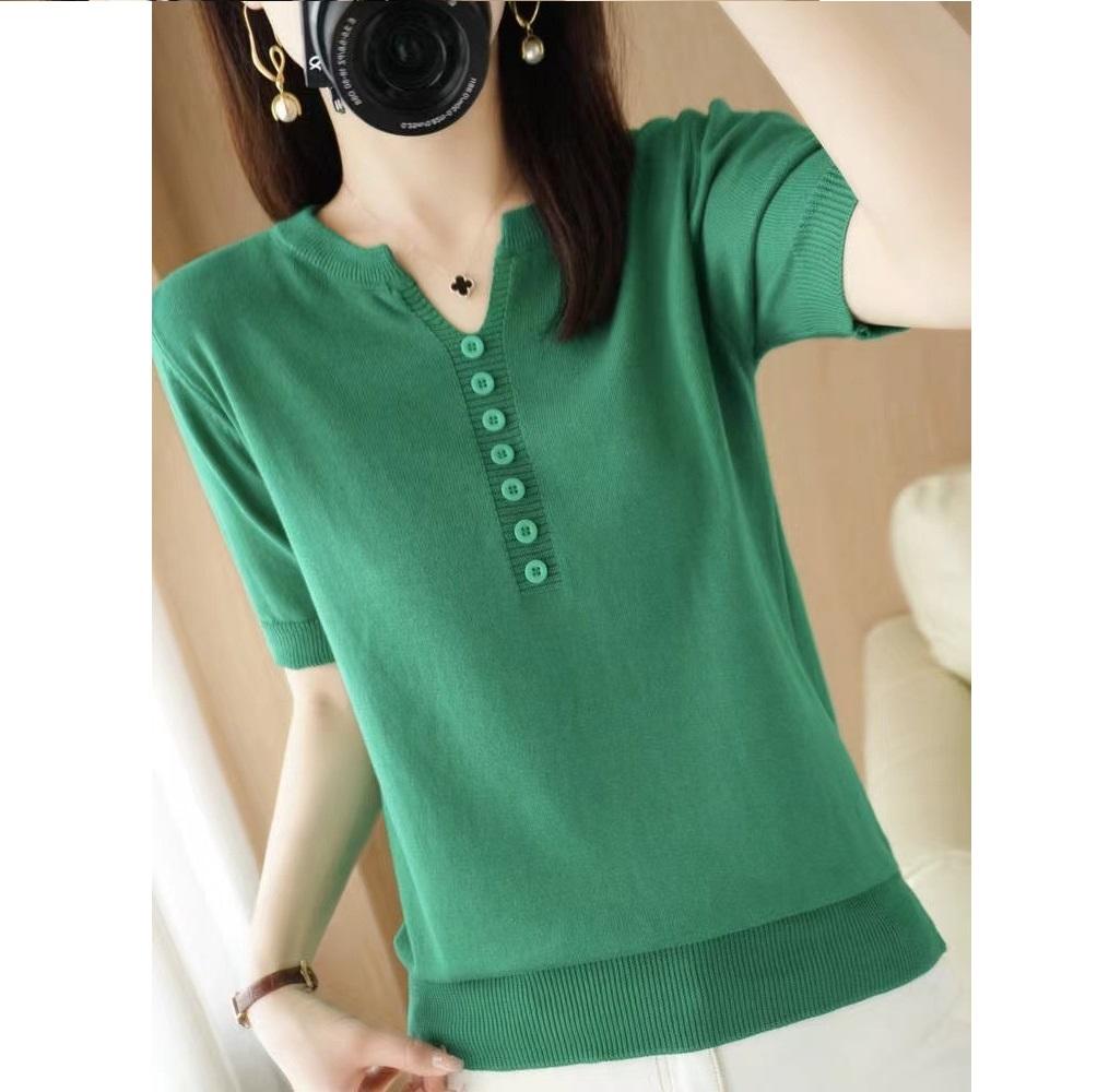 Summer Cotton Linen V-neck Half Sleeved T-shirt for Women, Loose Linen Solid Color Short Sleeved Button Up Top, Cotton Outerwear