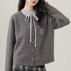 Autumn and winter women's versatile gray college style knitted cardigan versatile long-sleeved round neck fake two-piece high-quality sweater