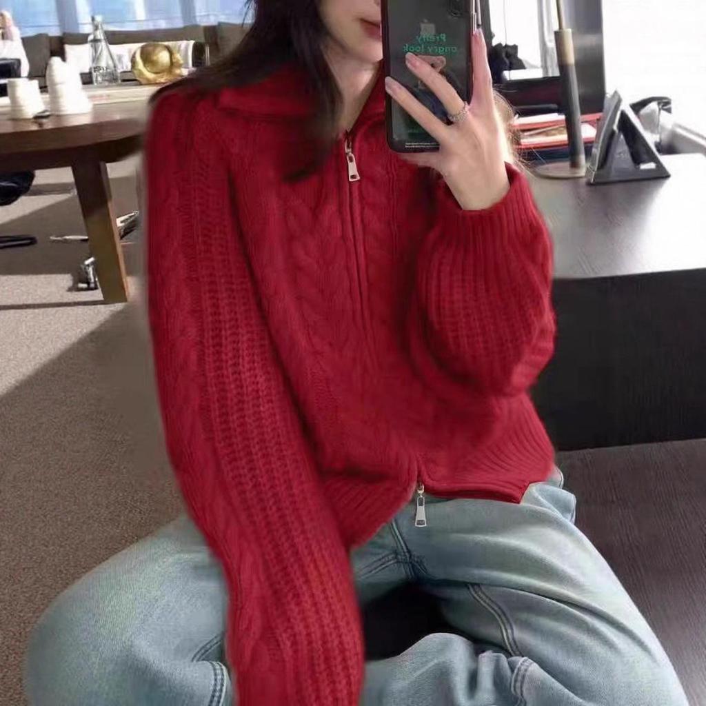 Women's Retro Cable Knit High Neck Wool Cardigan - Double Zipper, Thick & Loose for Autumn/Winter