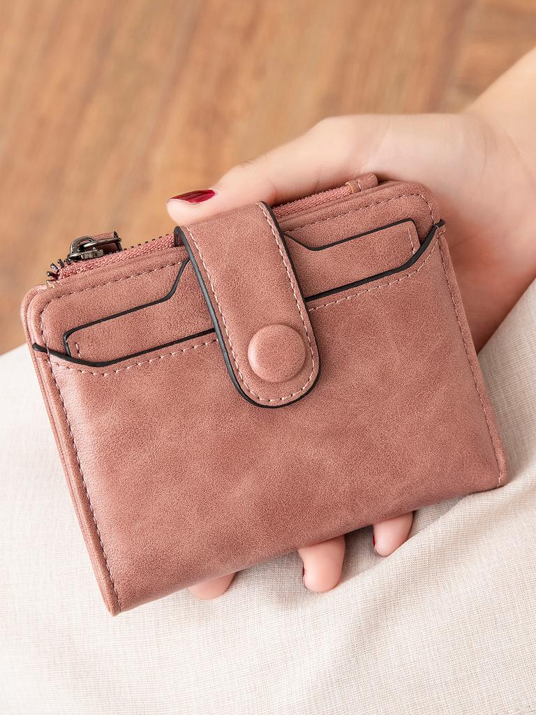 Carteira curta feminina fina e minimalista com porta-cartões removível e janela para documento de identidade, adequada para homens e mulheres usarem