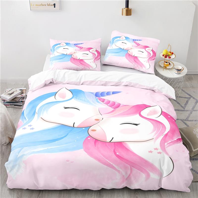Cute Unicorn Pattern 3d Bedding Set Bed Linen 2/3pcs Blue Duvet Cover Set with Pillowcase Twin Full Queen King Size Home Textile