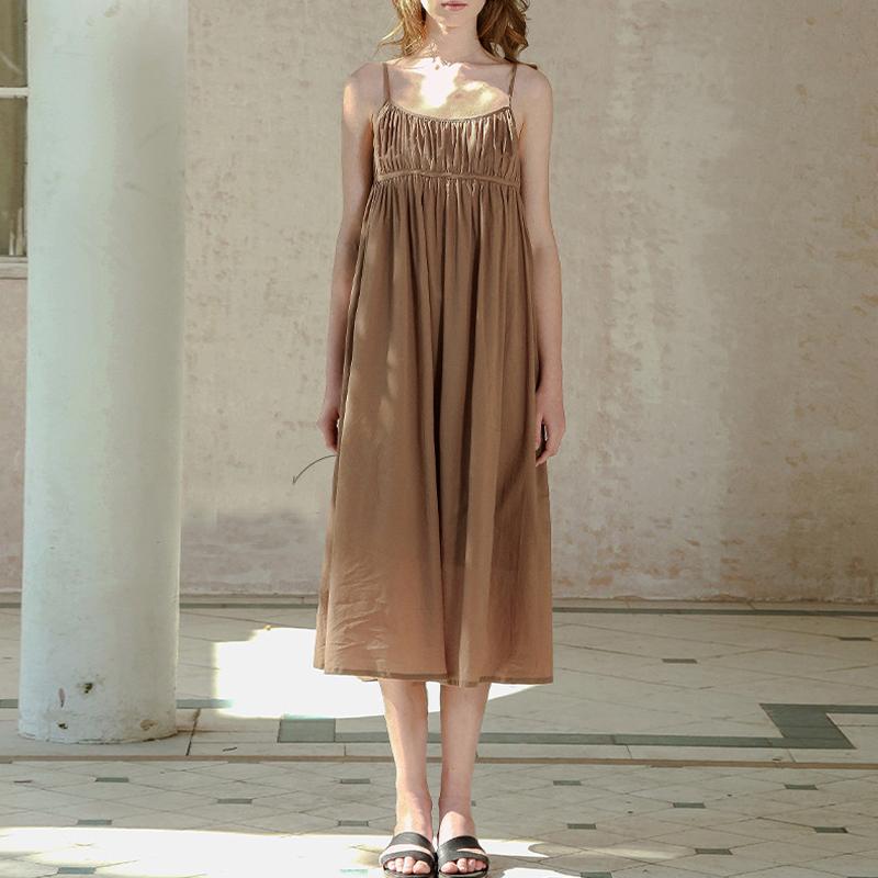 Johnature Summer Spaghetti Strap Dresses Simple Solid Color Fold All Match Cotton Backless Loose Women Dress