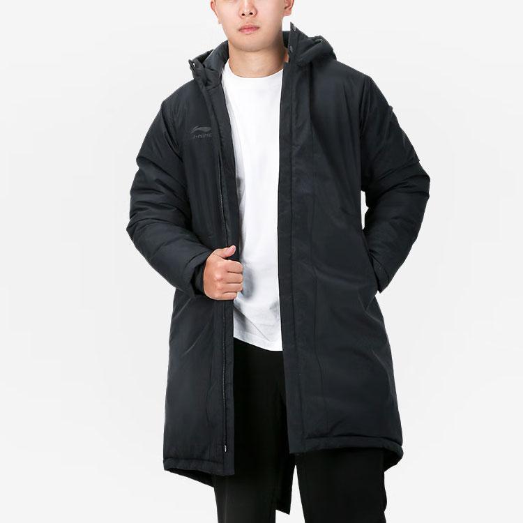 Li Ning Solid Color Long Thick Windproof Warm Hooded Cotton Jacket Men Jackets Black AFMS013-1
