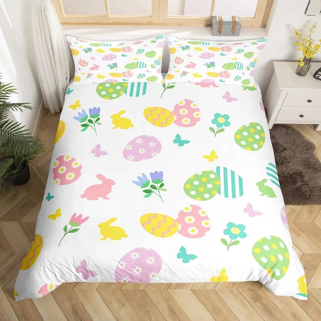 Oster-Eier Bettbezug Jungen Mädchen Cartoon Bunt Ei-Thema Bettwäsche-Set Frohe Ostern Bettdeckenbezug Floral Blume Steppdeckenbezug