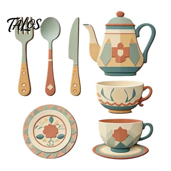 Peel Stick Dining Room Decor 7Pcs 2D Flat Kitchen Wooden Wall Decor, Retro Teapot Tableware Themed Easy to Apply Art, Self‑Adhesive Plaques for Home