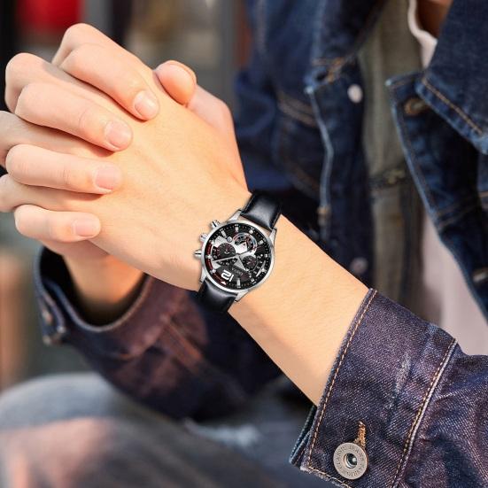 Męski zegarek kwarcowy Okrągła tarcza Kalendarz z trzema oczami Regulowany 6-pinowy pasek ze sztucznej skóry Mechaniczny bez opóźnień Wysoka dokładność Codzienny zegarek na rękę Timepieceh