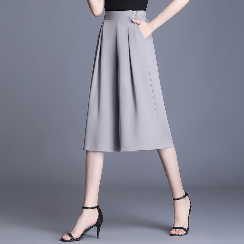 Summer New Fashion Casual Loose Chiffon Wide Leg Capris Women's Solid Elastic High Waist Pockets Thin Breathable Straight Pants