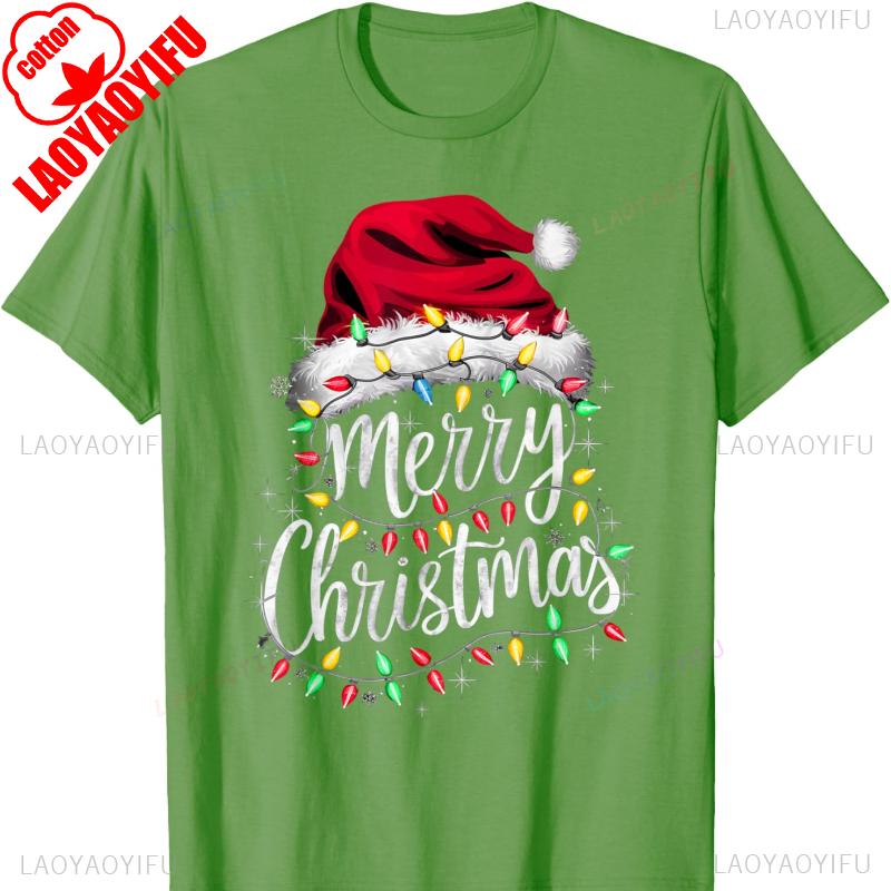 Red Santa Lights Design Christmas Cotton Tshirt for Men and Women Crew Neck Short Sleeve  All Seasons Casual Fashion Soft Ideal