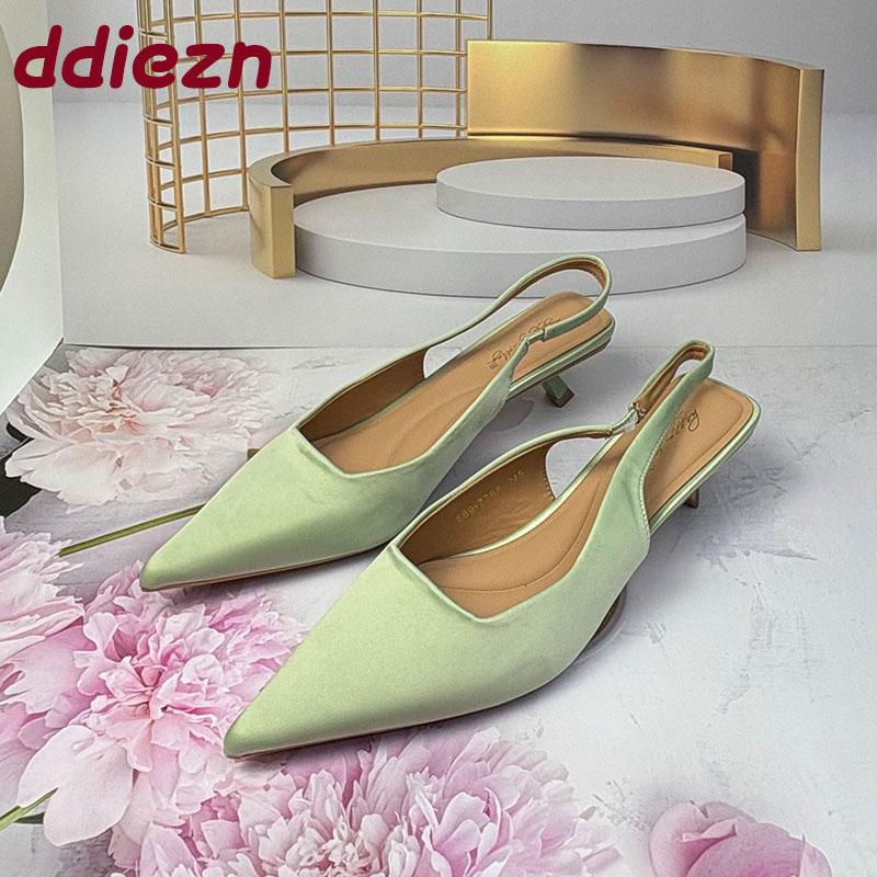 Fashion Fashion Pointed Toe Ladies Pumps Heels Shoes Shallow Female Slip On Footwear Silk Women Medium Heels Shoes Sandals 2025 New
