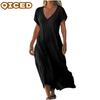 Fashion Summer Spring Solid Color Print Short Sleeve V-Neck Casual Dresses