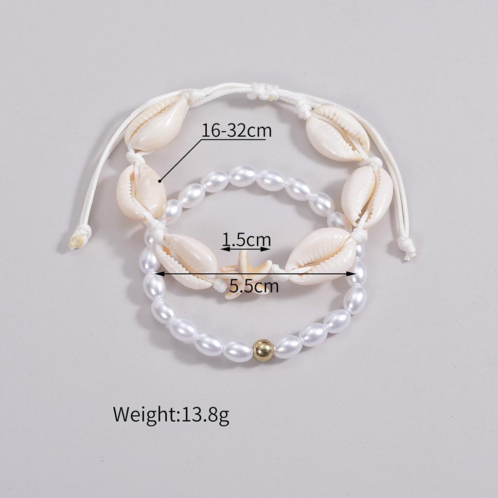 2 PCS Beach Vacation Style Fashion Imitation Pearl Shell Beaded Elastic Rope Bracelet Couple Jewelry Gift