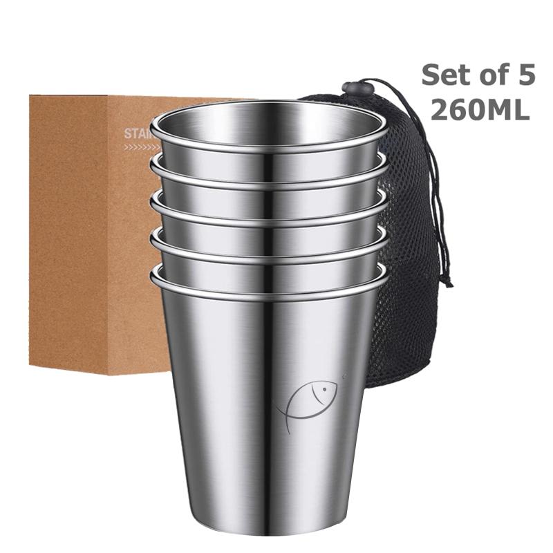 5 Pieces Stainless Steel Cups Pint Cup Tumbler Metal Cups Stackable Cup Metal Drinking Glasses for Home Camping Bar 350ML 260ML