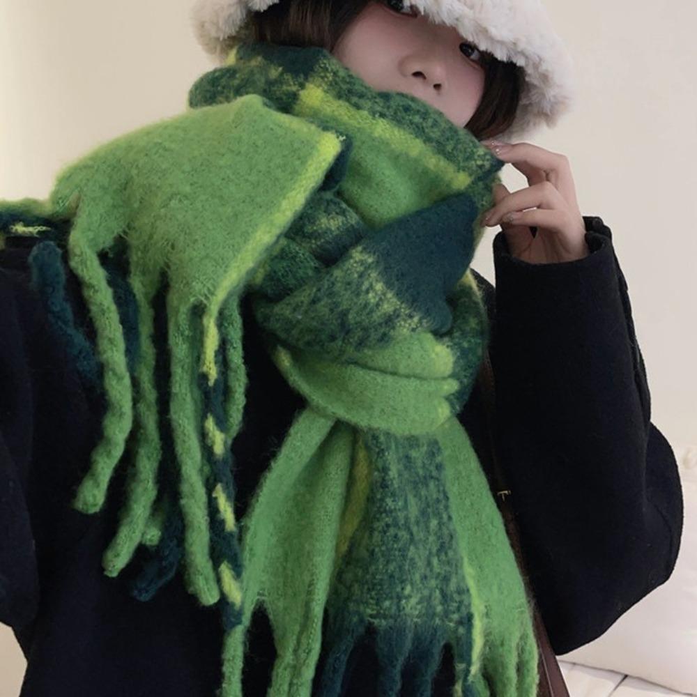Thickened Knitted Plaid Scarf Korean Style Long Wool Tassel Scarf Women's Cashmere Shawl  Girls