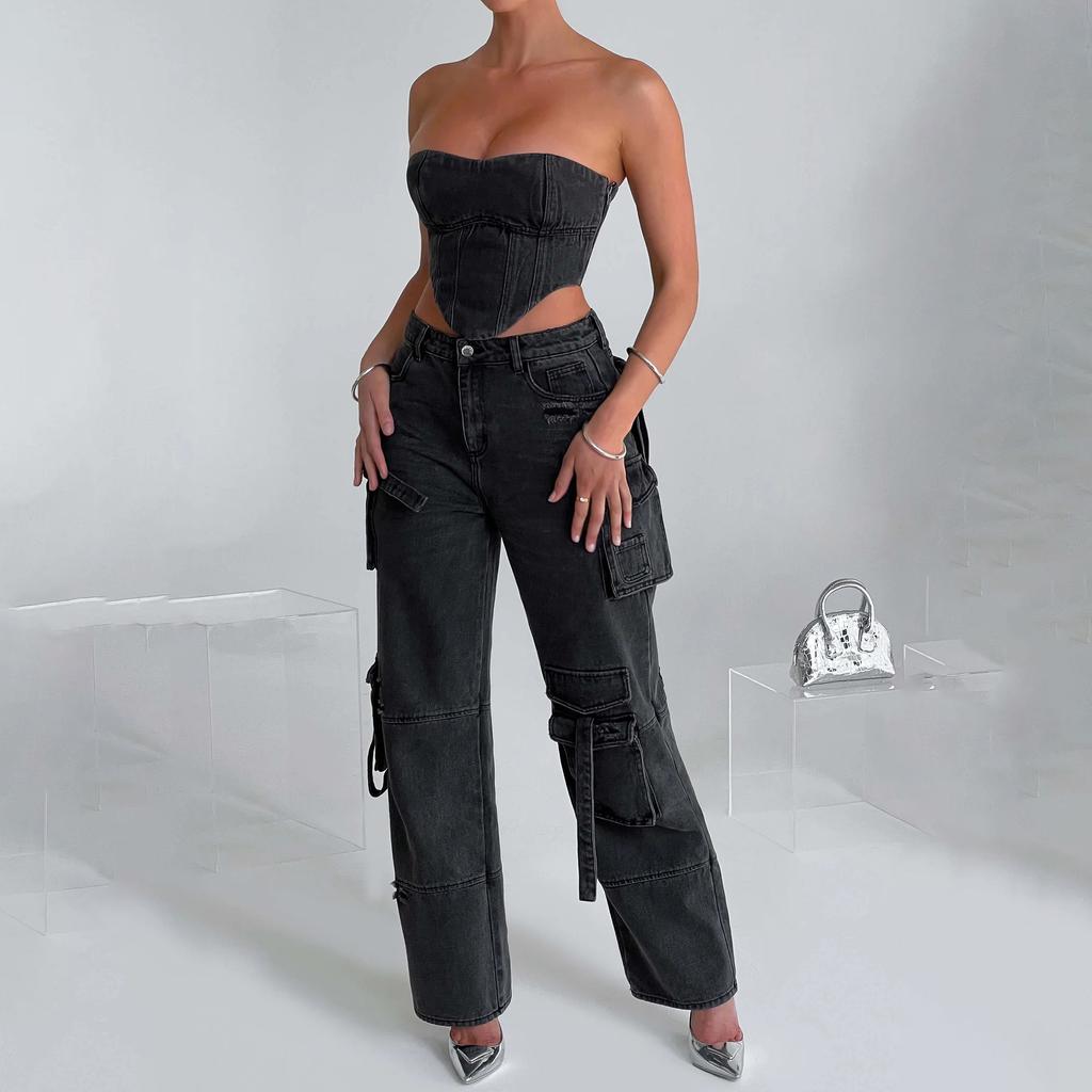 Jeans im amerikanischen Stil mit niedriger Taille und dreidimensionalen Taschennähten für Damen im Herbst mit lockerer Drapierung