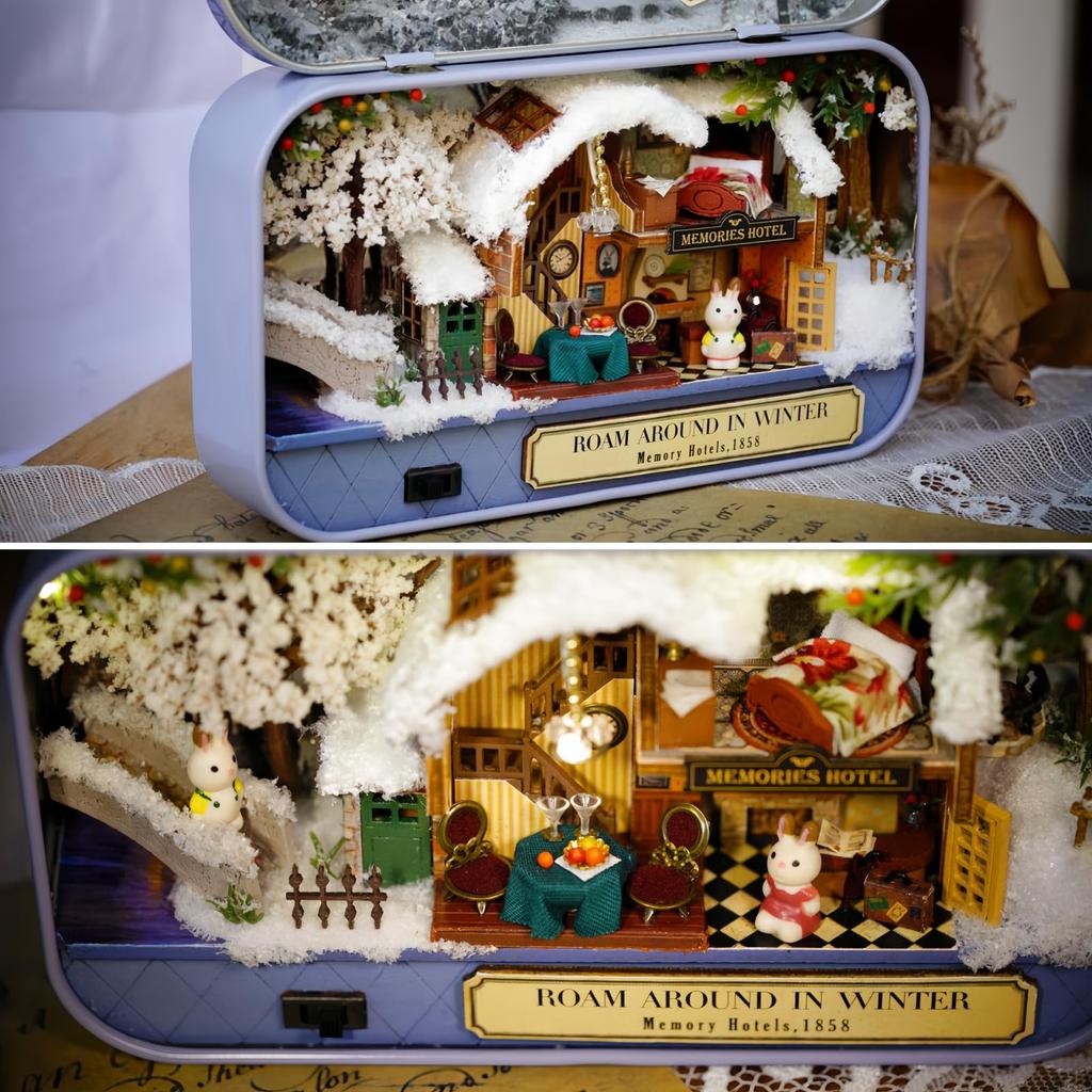 ZKEIZU Miniature Dollhouse Wooden DIY Hut Box Winter Rabbit Journey Assembly Kit Kit, Theater, (Winter Walk)